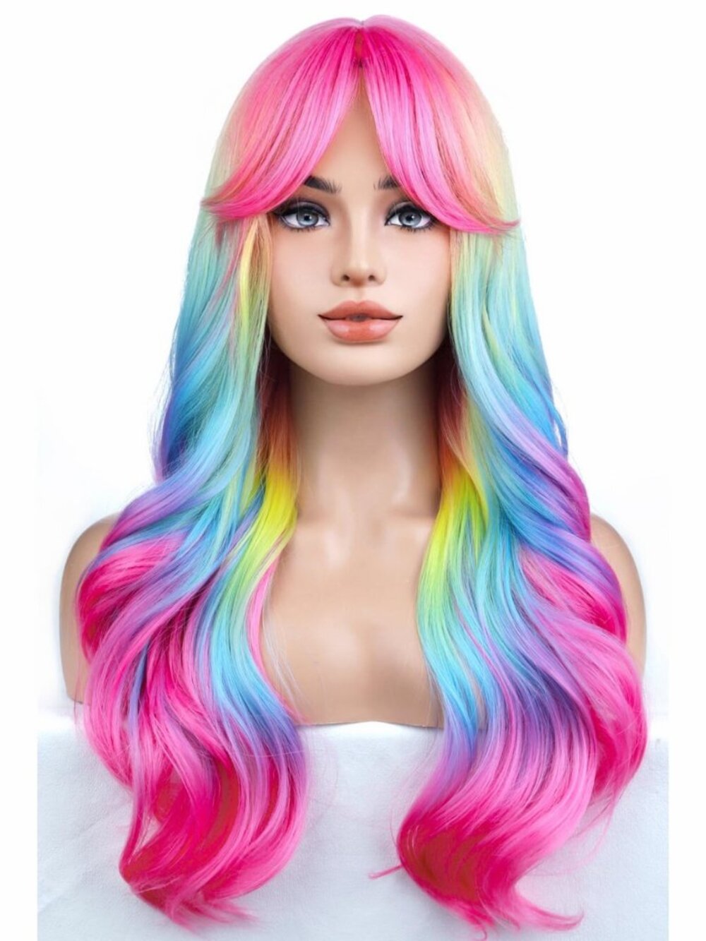 Rainbow Ombre Wigs Long Wavy Wig for Women with Bangs Colorful Ombre Costume
